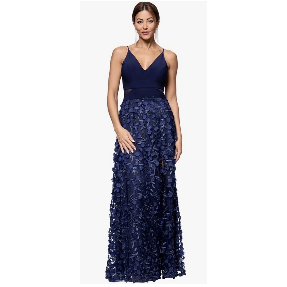 Xscape Women's Betsy & Adam Women's Size 16W Blue Women's Flower-Skirt Mesh Gown